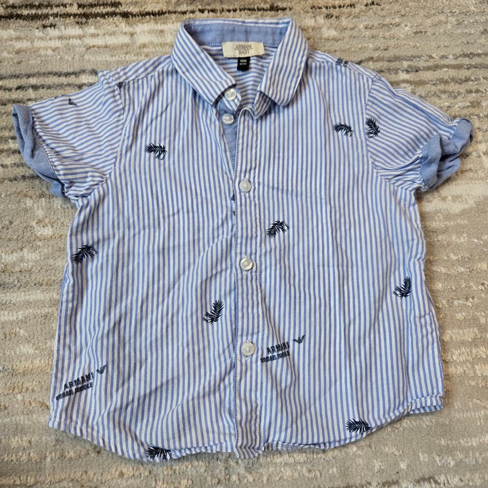 Armani Baby Shirt Short Sleeve Button‎ Up Blue White Stripe 18 Month